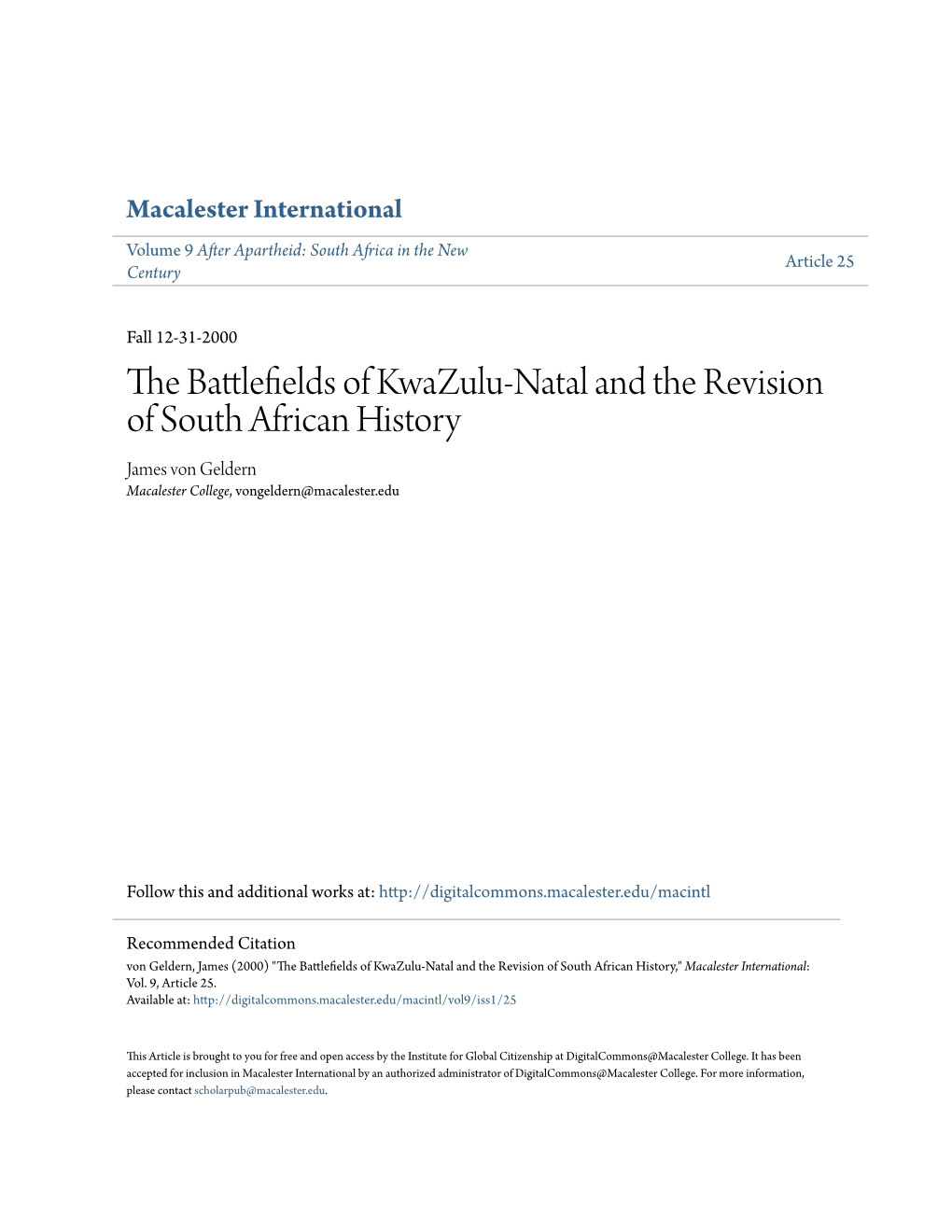 The Battlefields of Kwazulu-Natal and the Revision of South African History