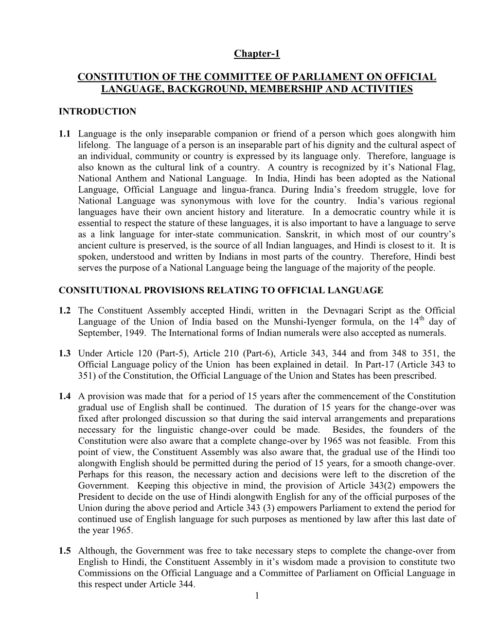 CONSTITUTION of the COMMITTEE of PARLIAMENT on OFFICIAL LANGUAGE, BACKGROUND, IT's MEMBERSHIP and ACTIVITIES