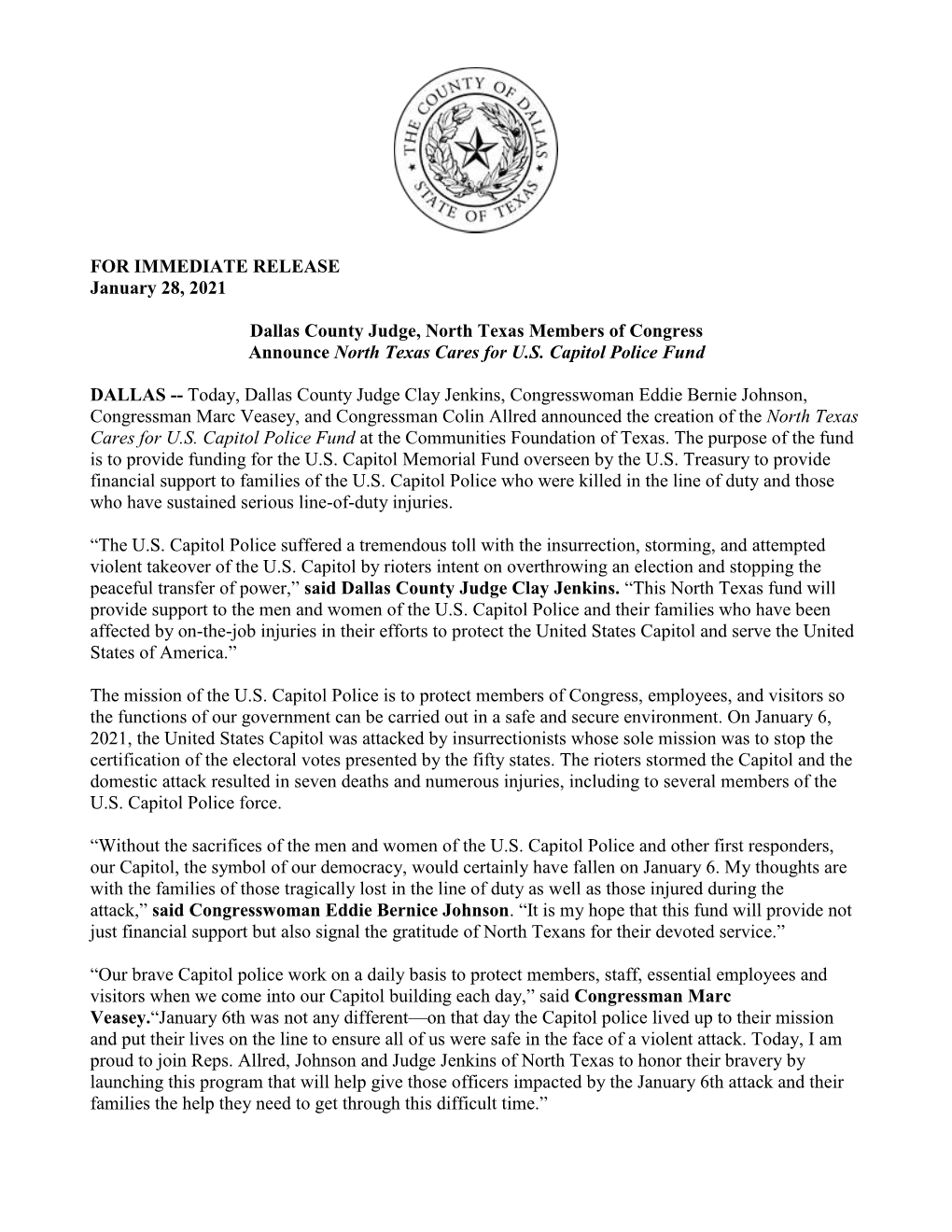 Dallas County Judge, North Texas Members of Congress Announce North Texas Cares for U.S