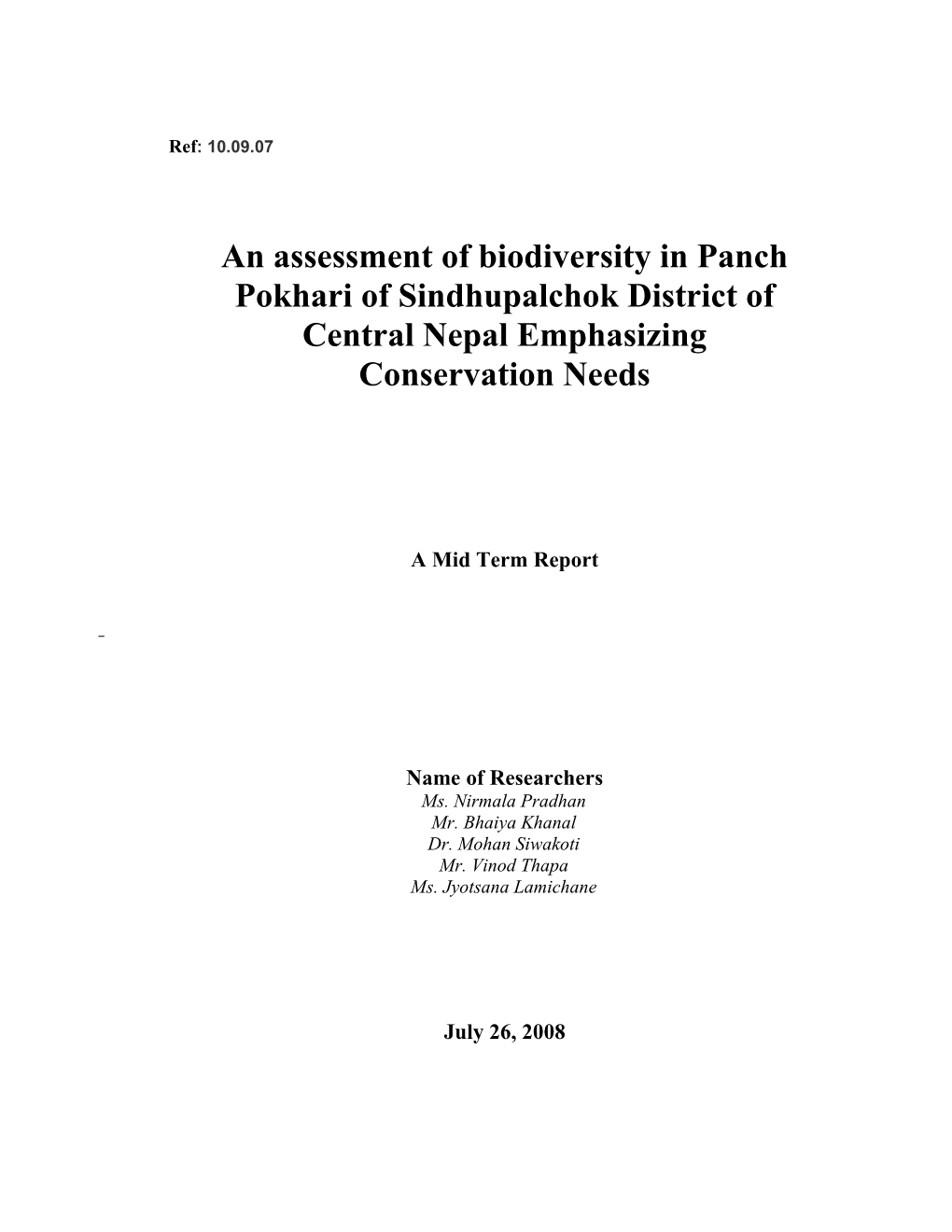 An Assessment of Biodiversity in Panch