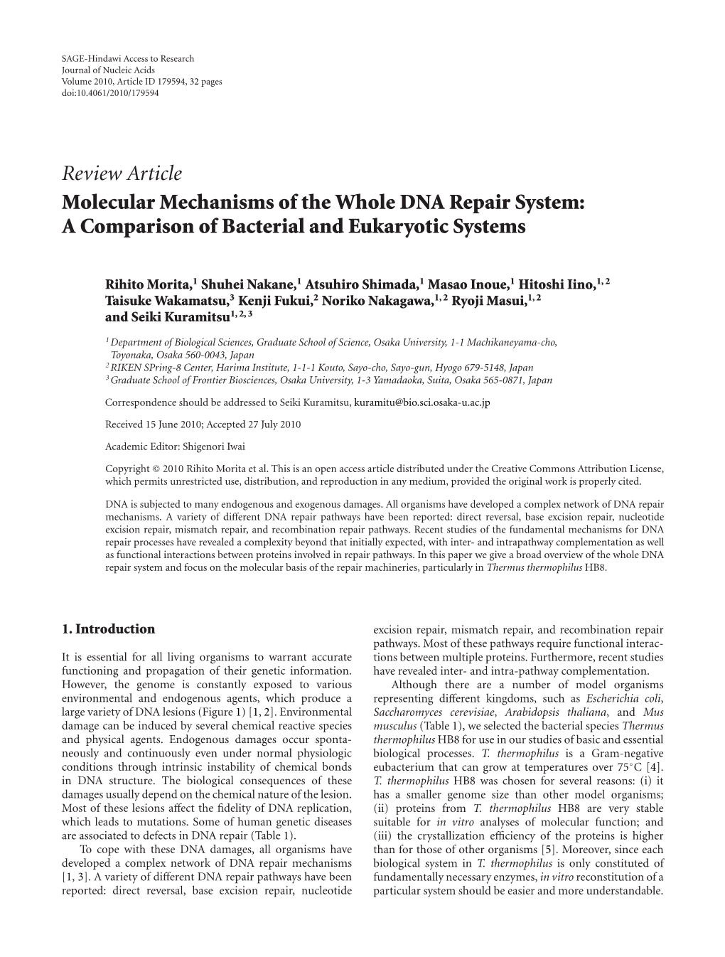 Review Article Molecular Mechanisms of the Whole DNA Repair System: a Comparison of Bacterial and Eukaryotic Systems