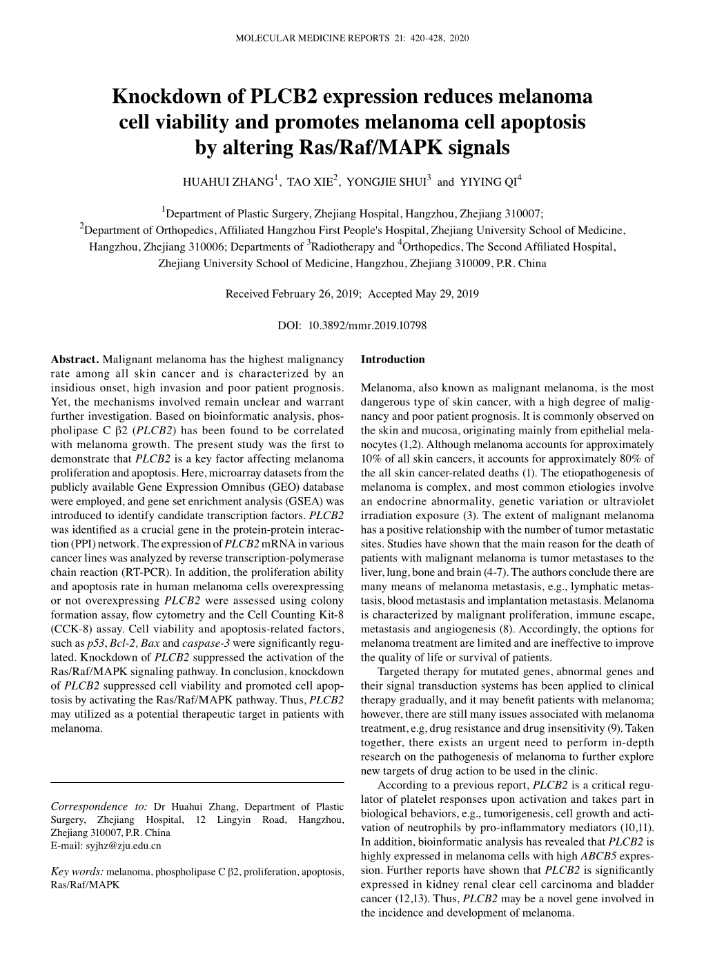 Knockdown of PLCB2 Expression Reduces Melanoma Cell Viability and Promotes Melanoma Cell Apoptosis by Altering Ras/Raf/MAPK Signals