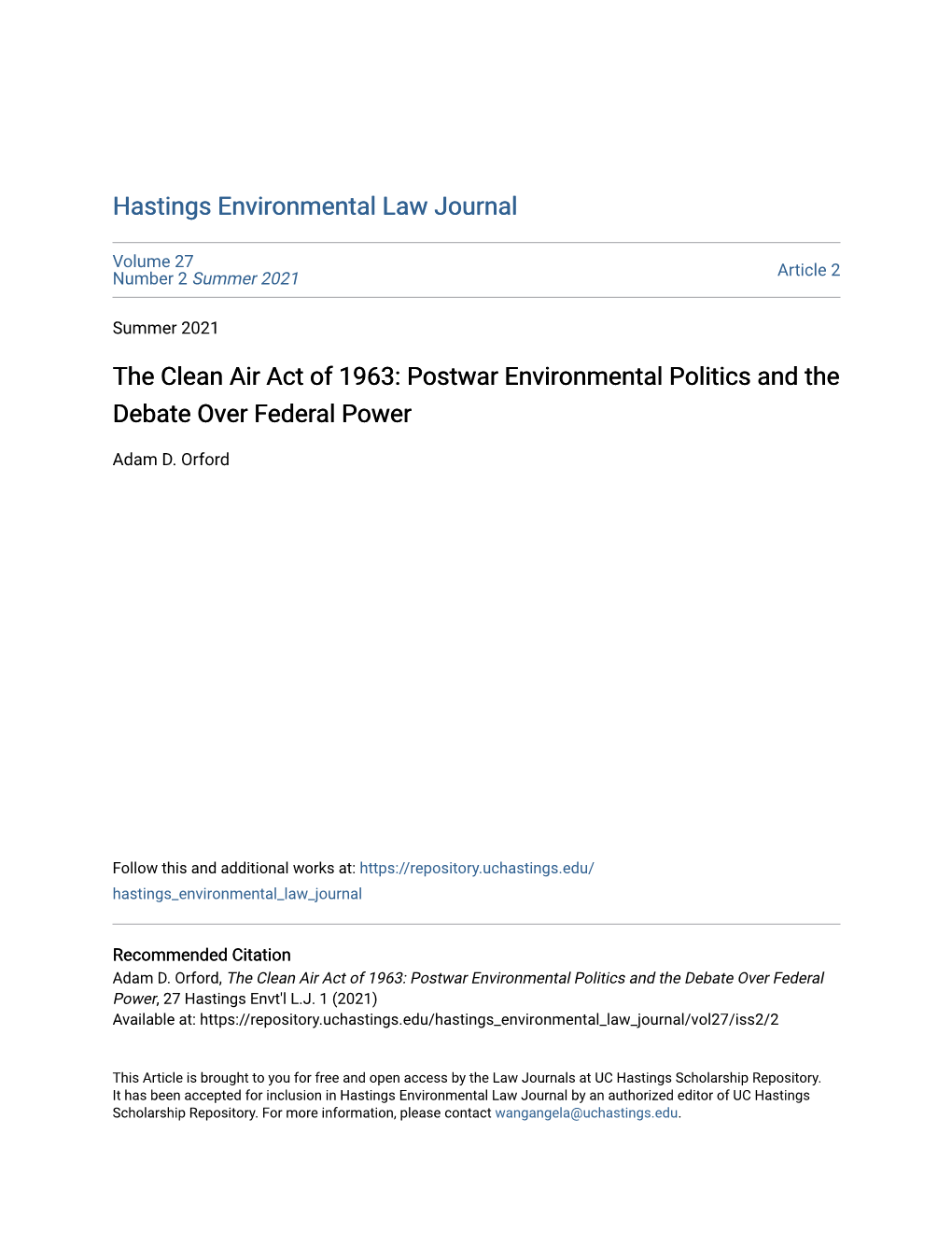 The Clean Air Act of 1963: Postwar Environmental Politics and the Debate Over Federal Power