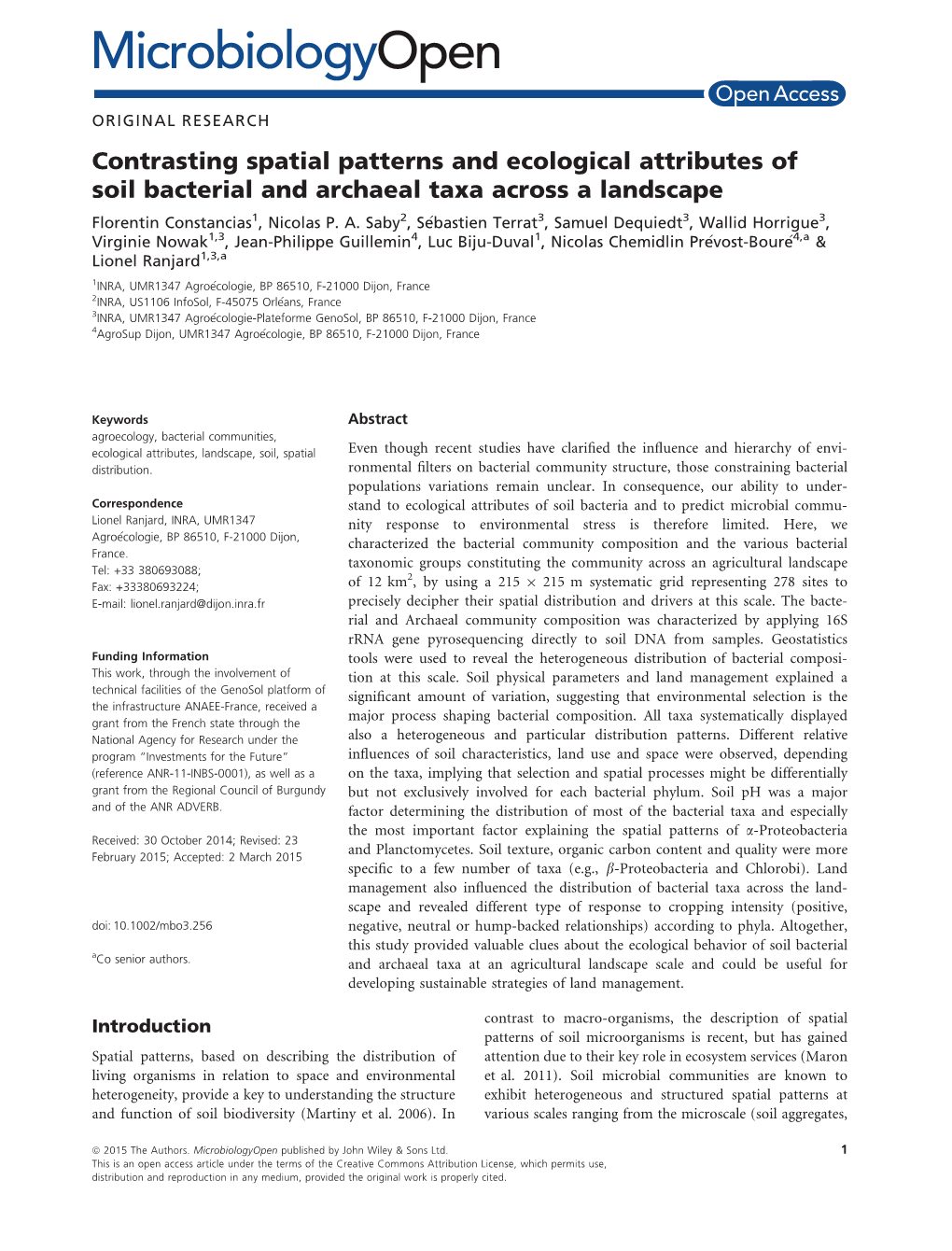 Contrasting Spatial Patterns and Ecological Attributes of Soil Bacterial and Archaeal Taxa Across a Landscape Florentin Constancias1, Nicolas P