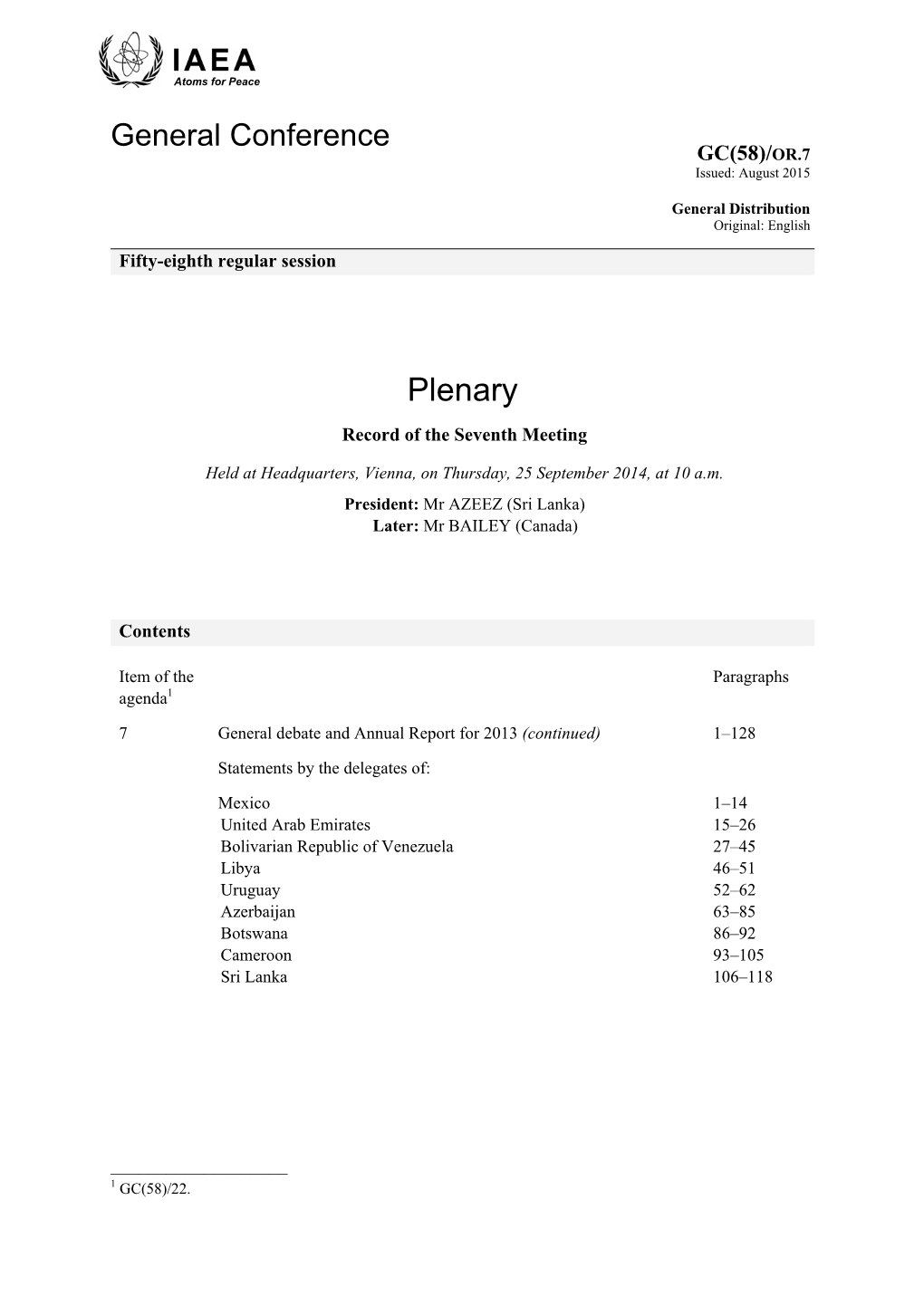 Plenary Record of the Seventh Meeting