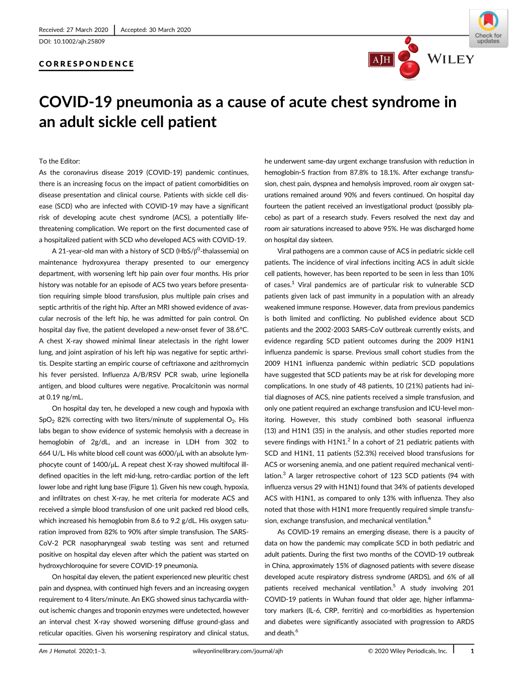 COVID‐19 Pneumonia As a Cause of Acute Chest Syndrome in an Adult