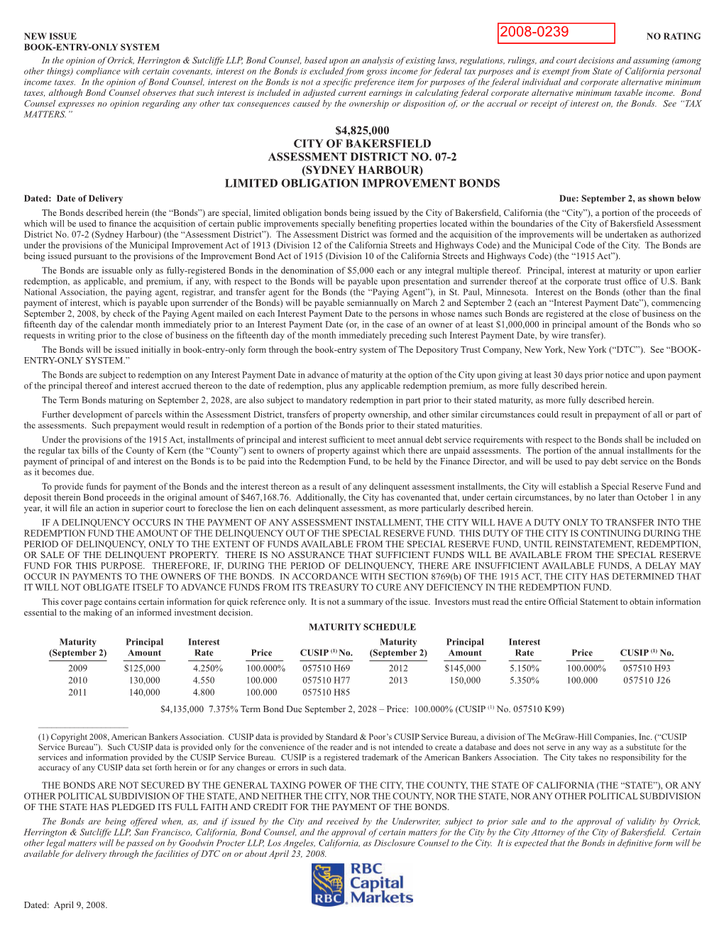 $4,825,000 City of Bakersfield Assessment District No. 07-2