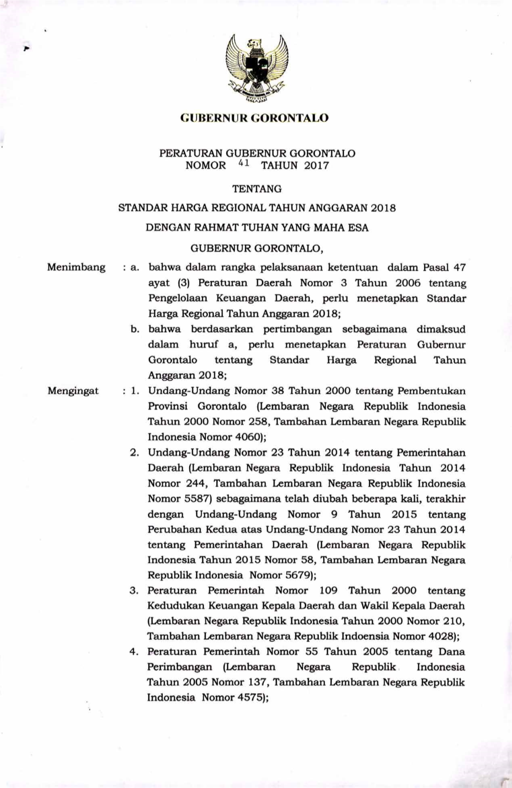 Pergub Prov Gorontalo No 41 Th 2017 Ttg Standar Harga Regional TA 2018.Pdf