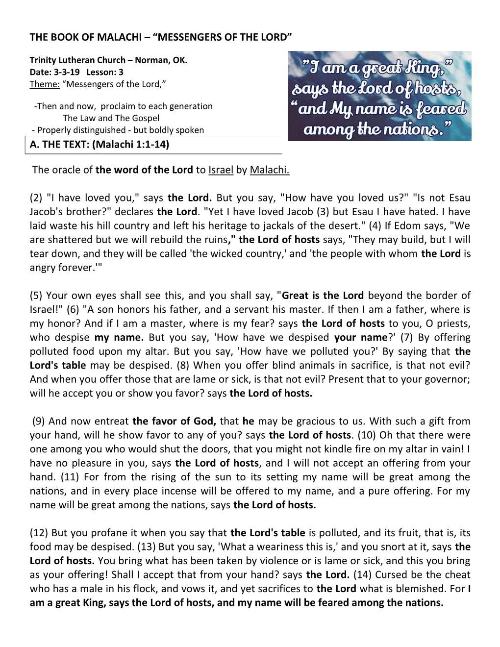 The Book of Malachi – “Messengers of the Lord” A