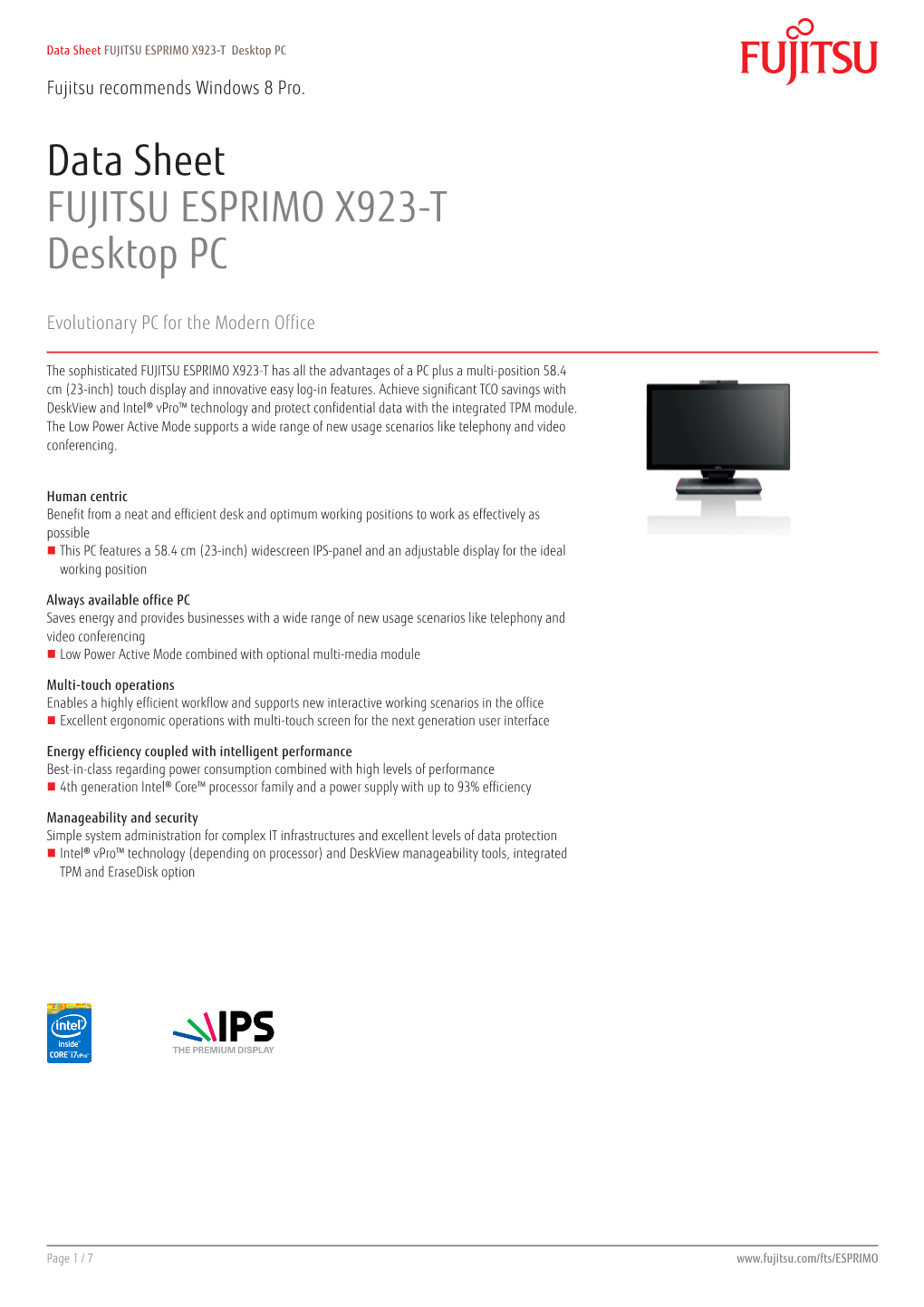 Data Sheet FUJITSU ESPRIMO X923-T Desktop PC