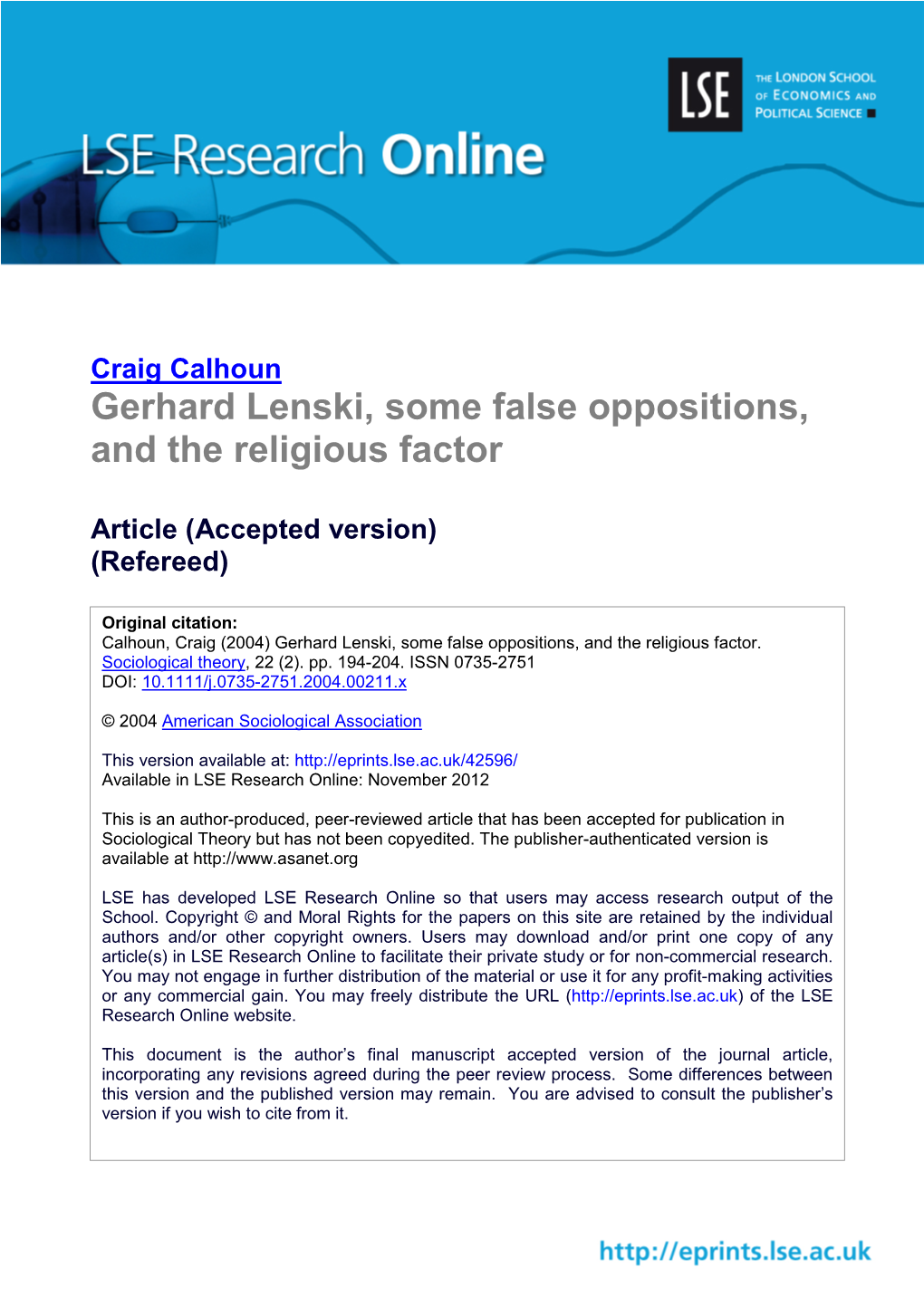 Gerhard Lenski, Some False Oppositions, and the Religious Factor