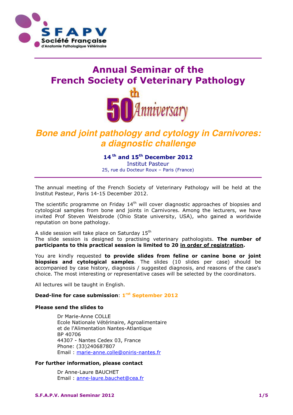 Annual Seminar of the French Society of Veterinary Pathology