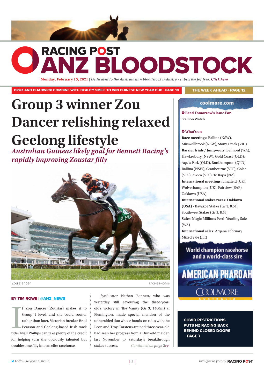 Group 3 Winner Zou Dancer Relishing Relaxed Geelong Lifestyle | 2 | Monday, February 15, 2021