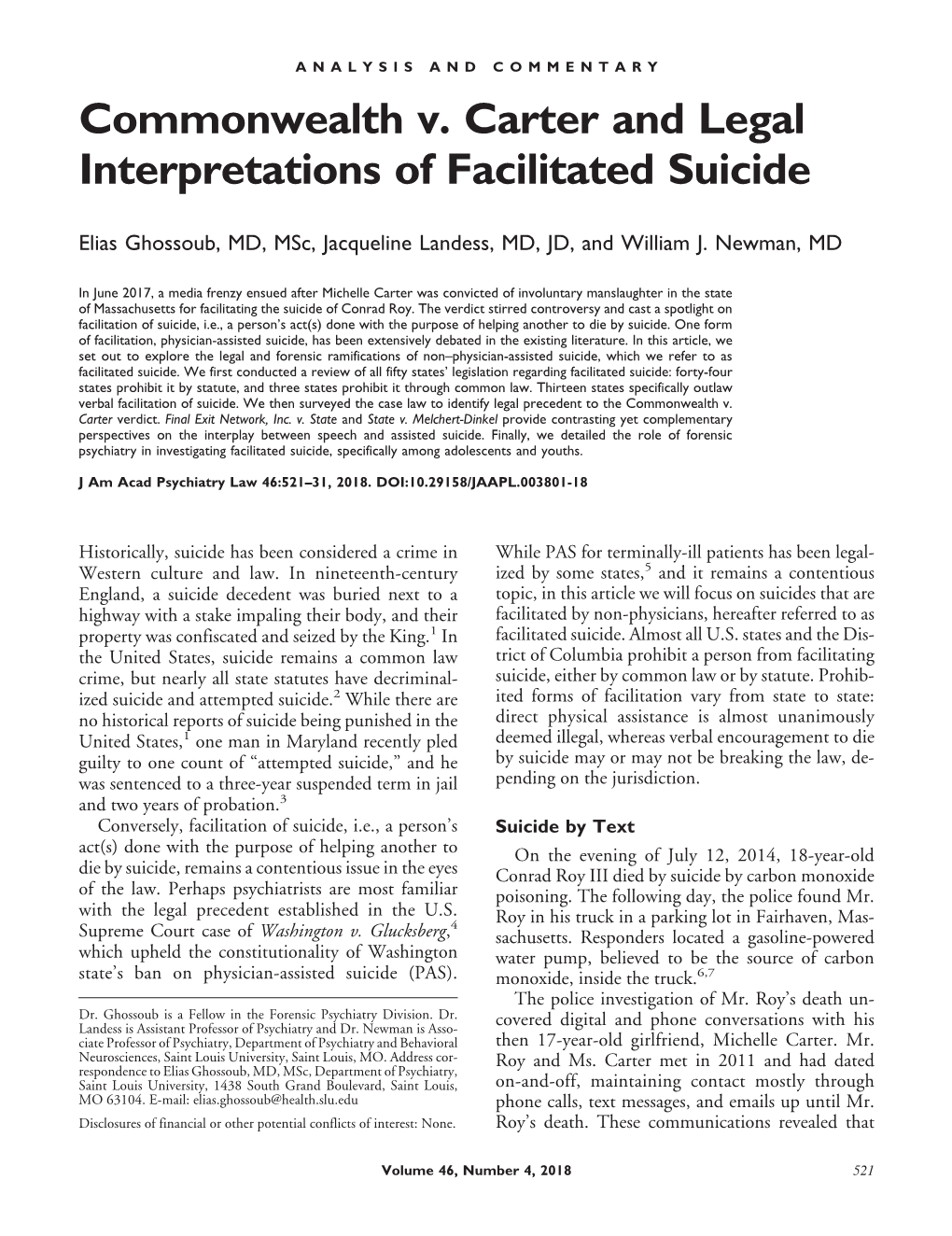 Commonwealth V. Carter and Legal Interpretations of Facilitated Suicide