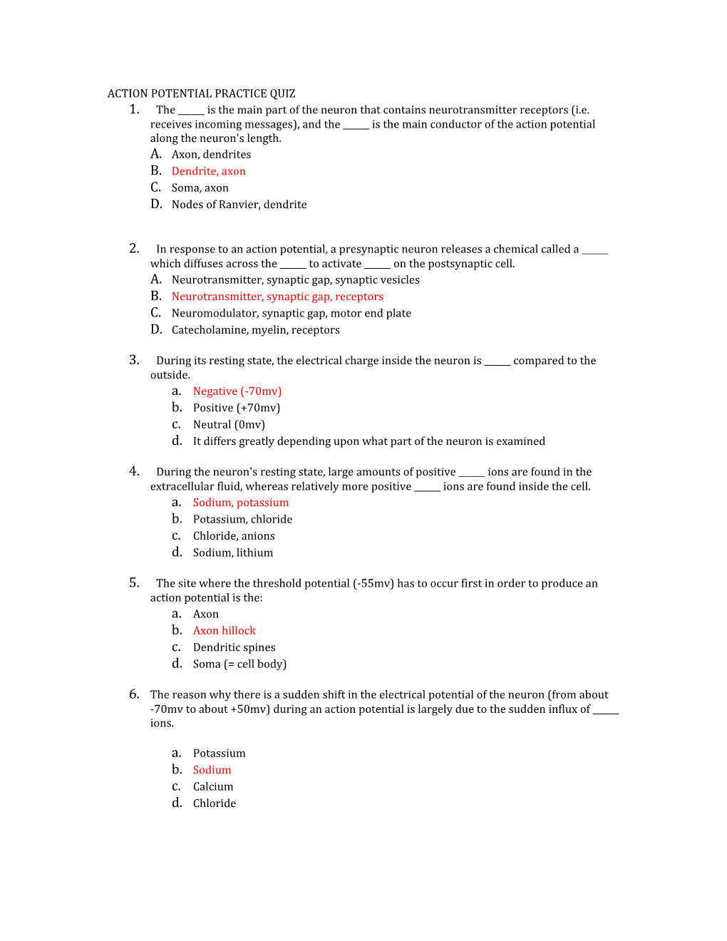 Action Potential Practice Quiz