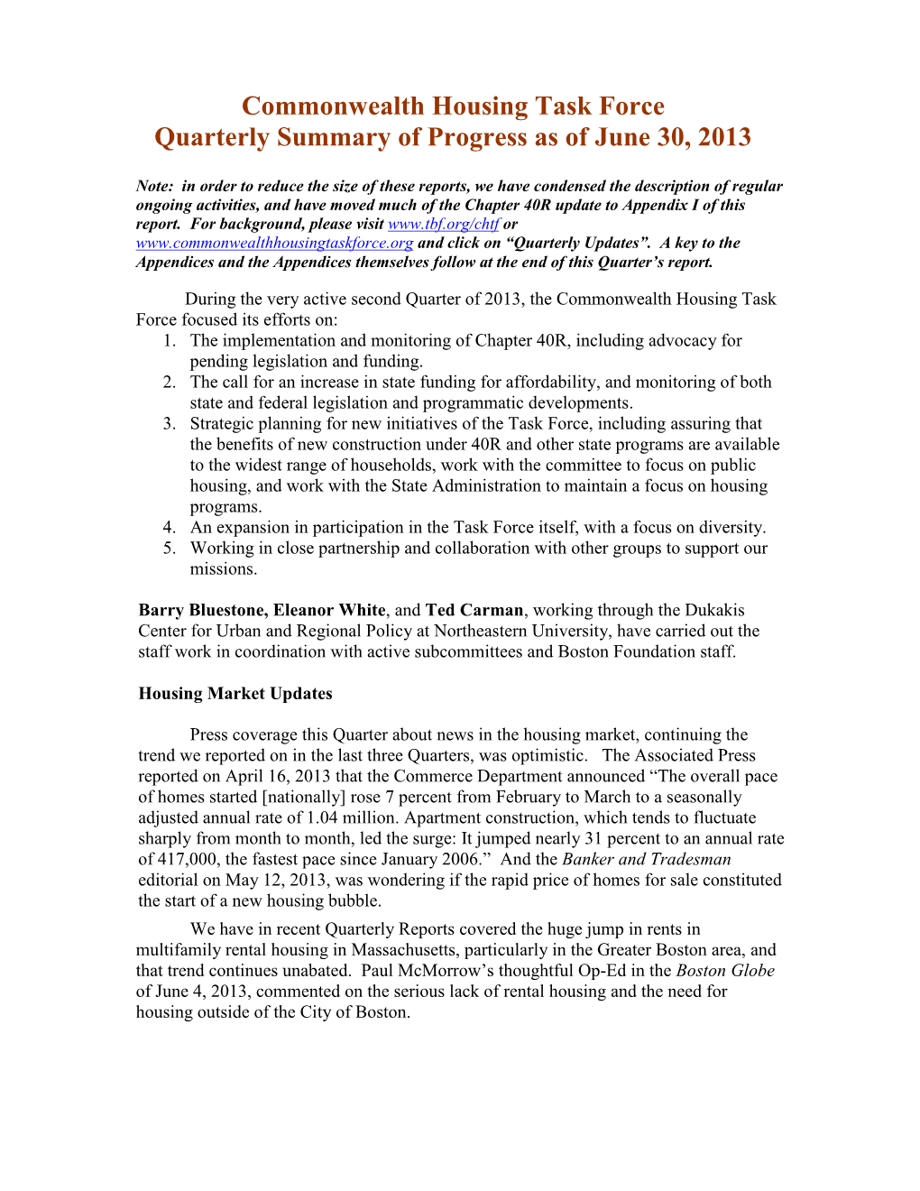 Commonwealth Housing Task Force Quarterly Summary of Progress As of June 30, 2013