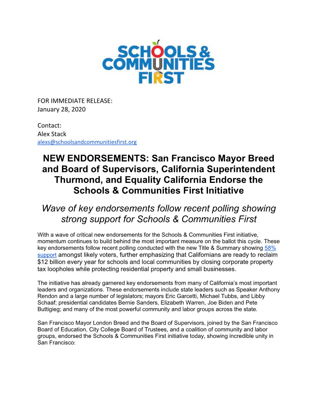 NEW ENDORSEMENTS: San Francisco Mayor Breed and Board of Supervisors, California Superintendent Thurmond, and Equality Californi