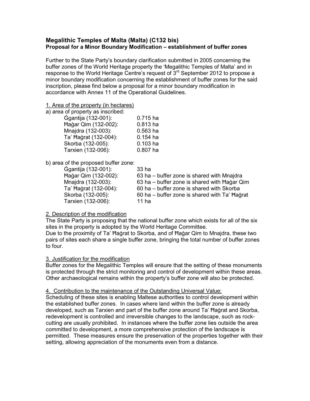 Megalithic Temples of Malta (Malta) (C132 Bis) Proposal for a Minor Boundary Modification – Establishment of Buffer Zones