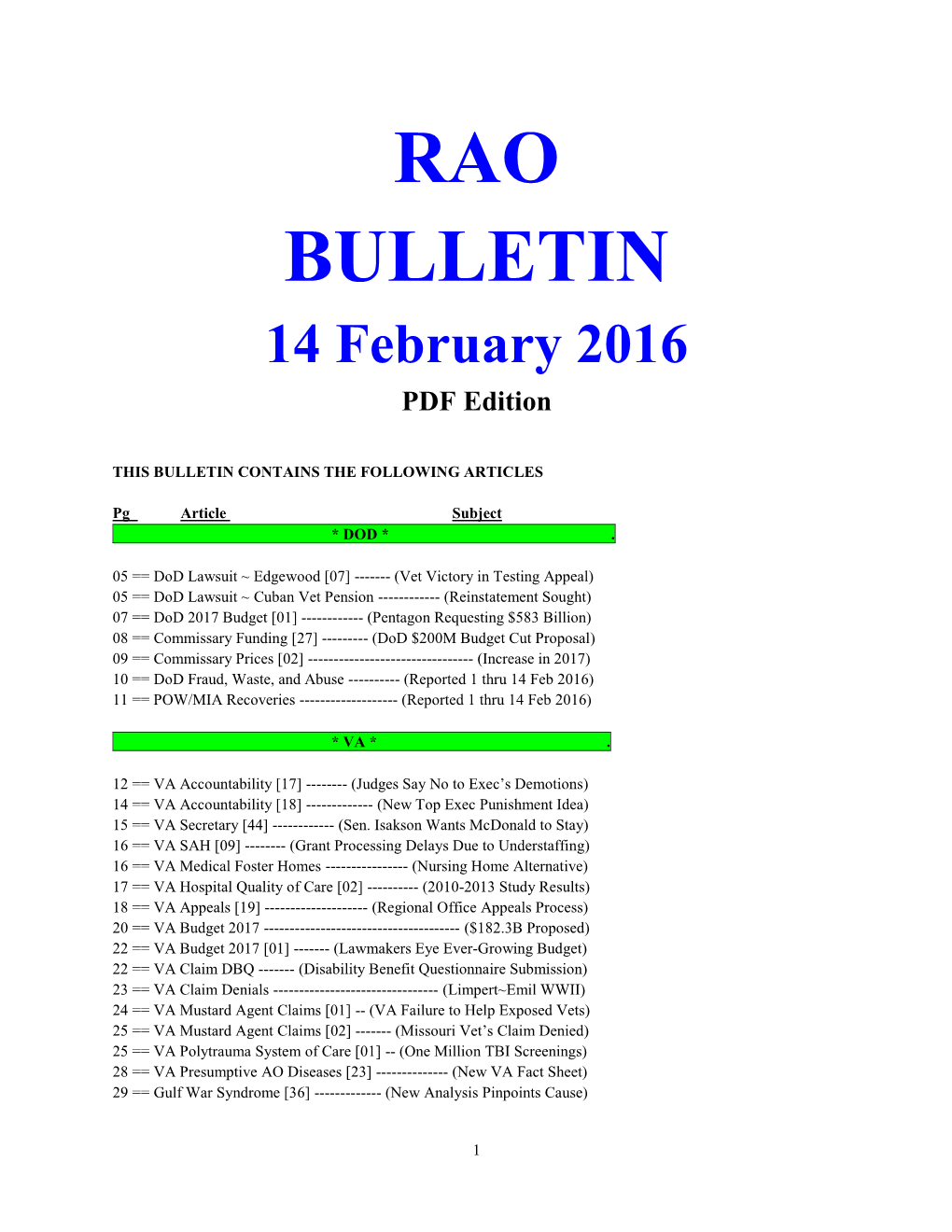 RAO BULLETIN 14 February 2016 PDF Edition