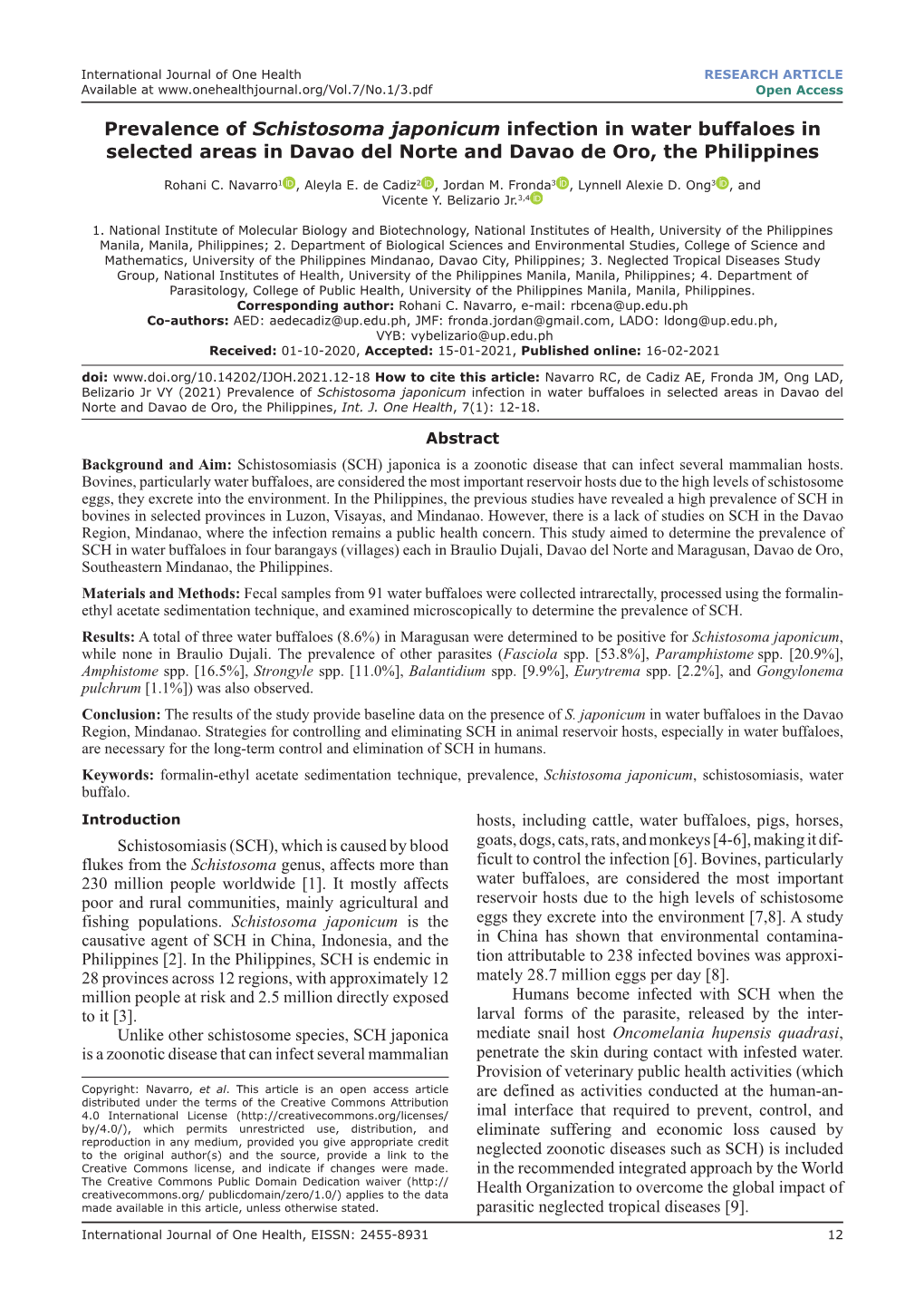 Prevalence of Schistosoma Japonicum Infection in Water Buffaloes in Selected Areas in Davao Del Norte and Davao De Oro, the Philippines