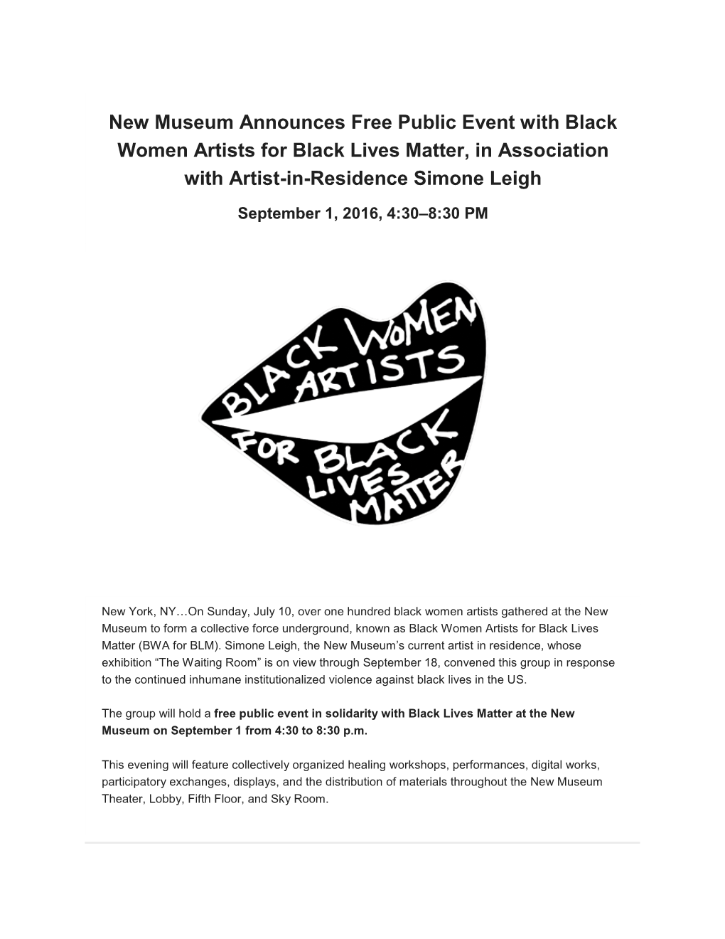 New Museum Announces Free Public Event with Black Women Artists for Black Lives Matter, in Association with Artist-In-Residence Simone Leigh