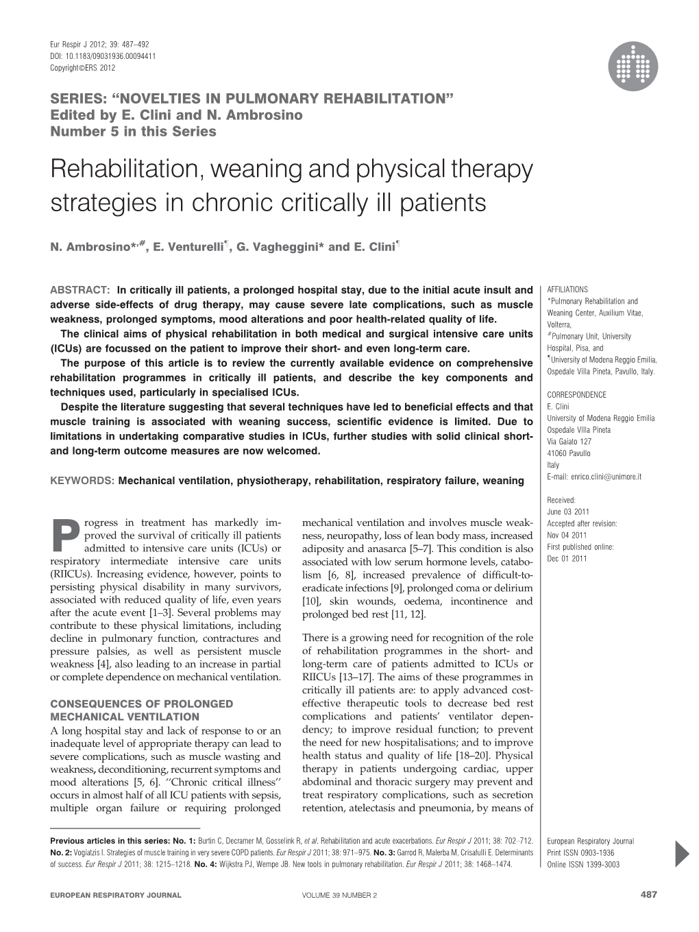 Rehabilitation, Weaning and Physical Therapy Strategies in Chronic Critically Ill Patients