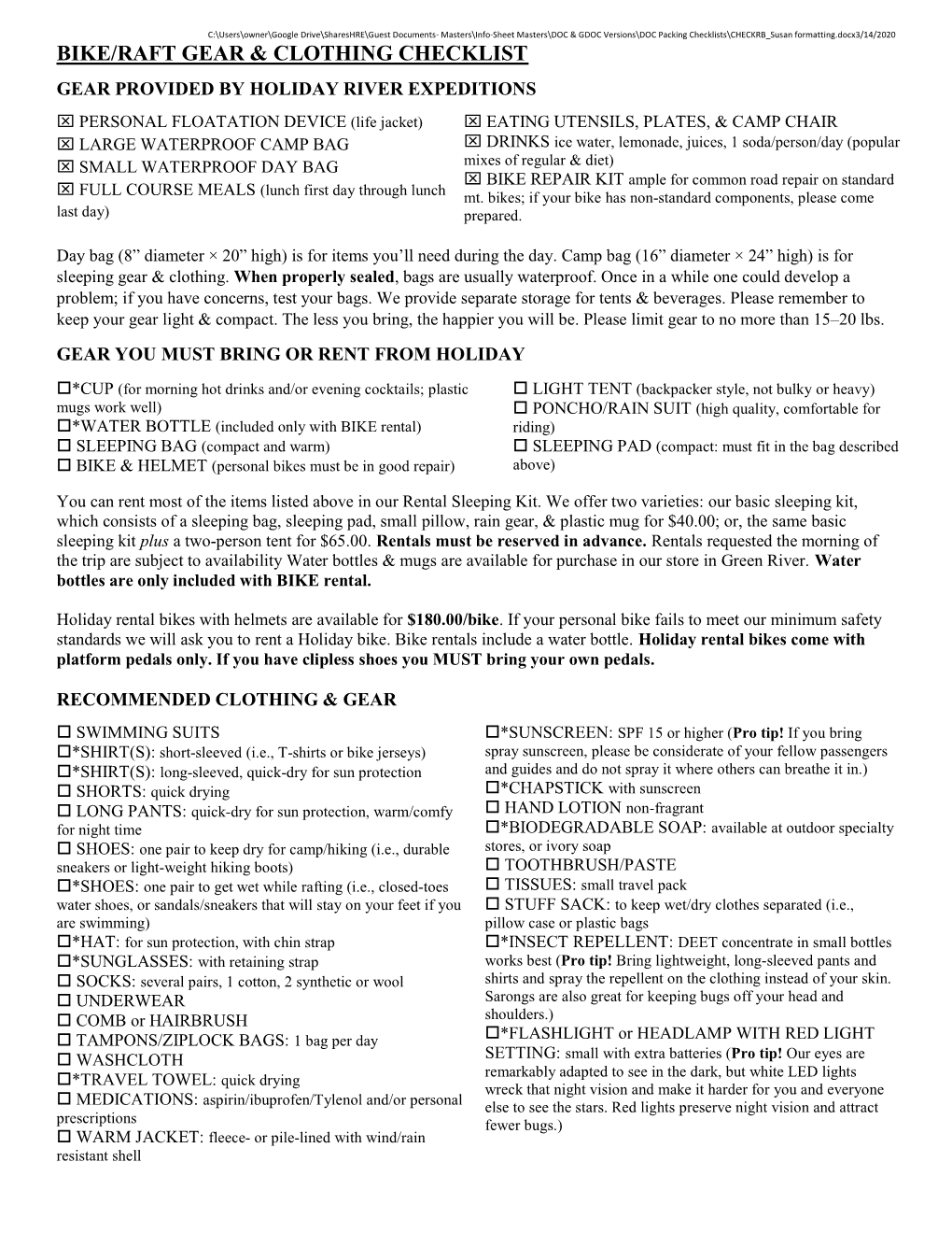 Bike/Raft Gear & Clothing Checklist