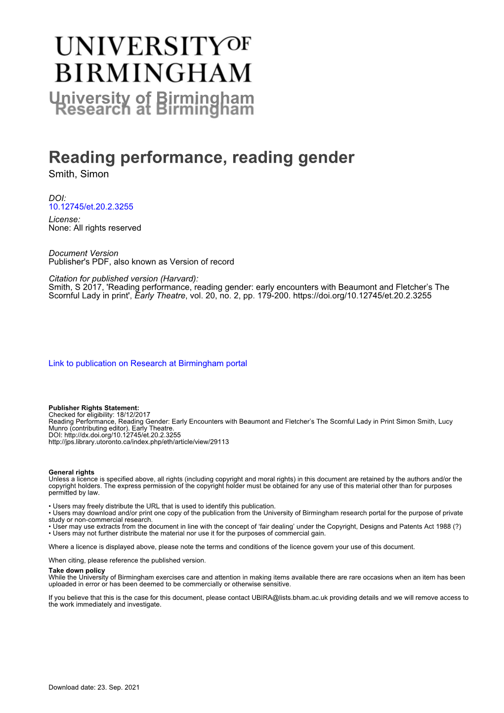 University of Birmingham Reading Performance, Reading Gender