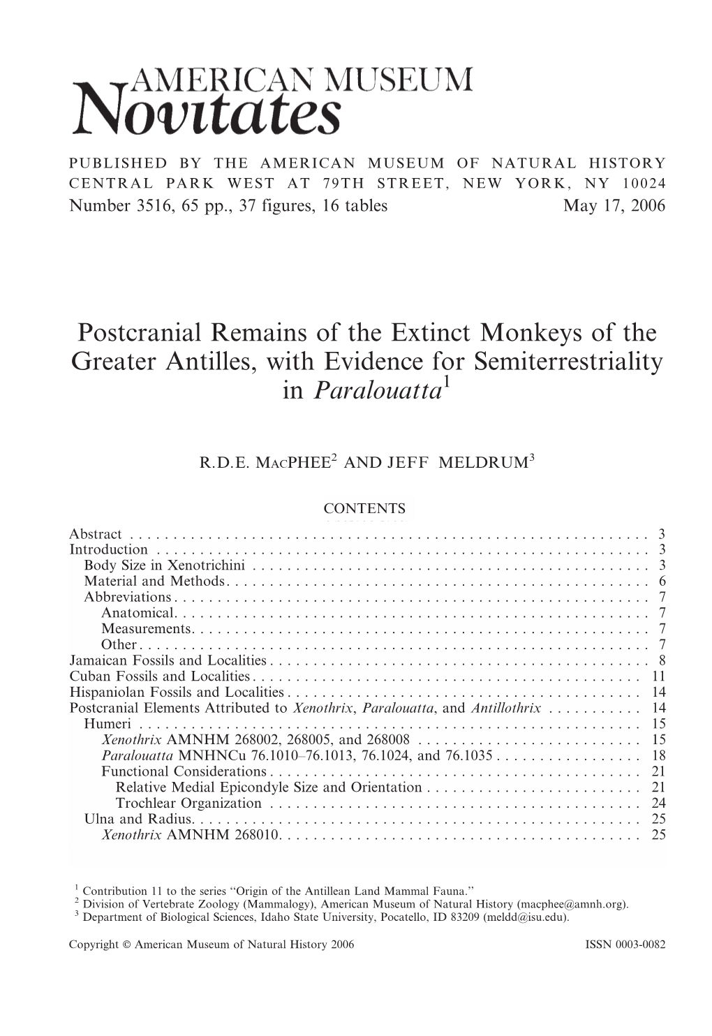 Postcranial Remains of the Extinct Monkeys of the Greater Antilles, with Evidence for Semiterrestriality in Paralouatta1
