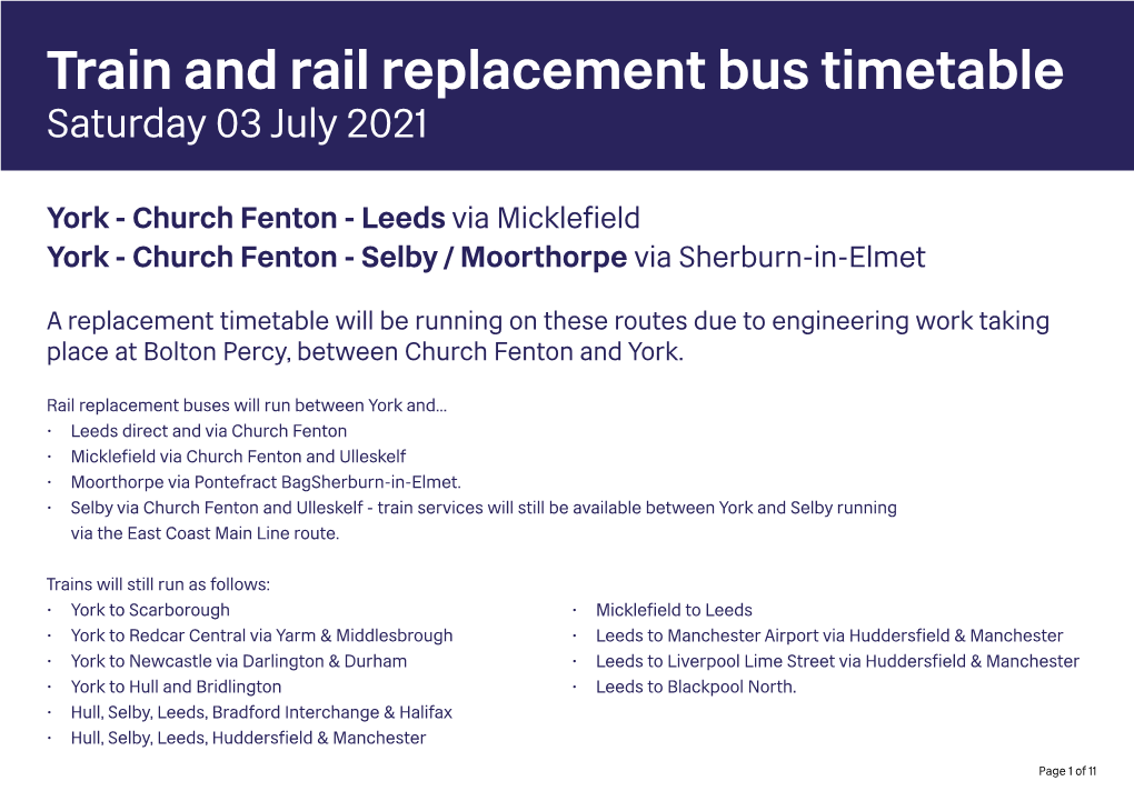 Train and Rail Replacement Bus Timetable Saturday 03 July 2021