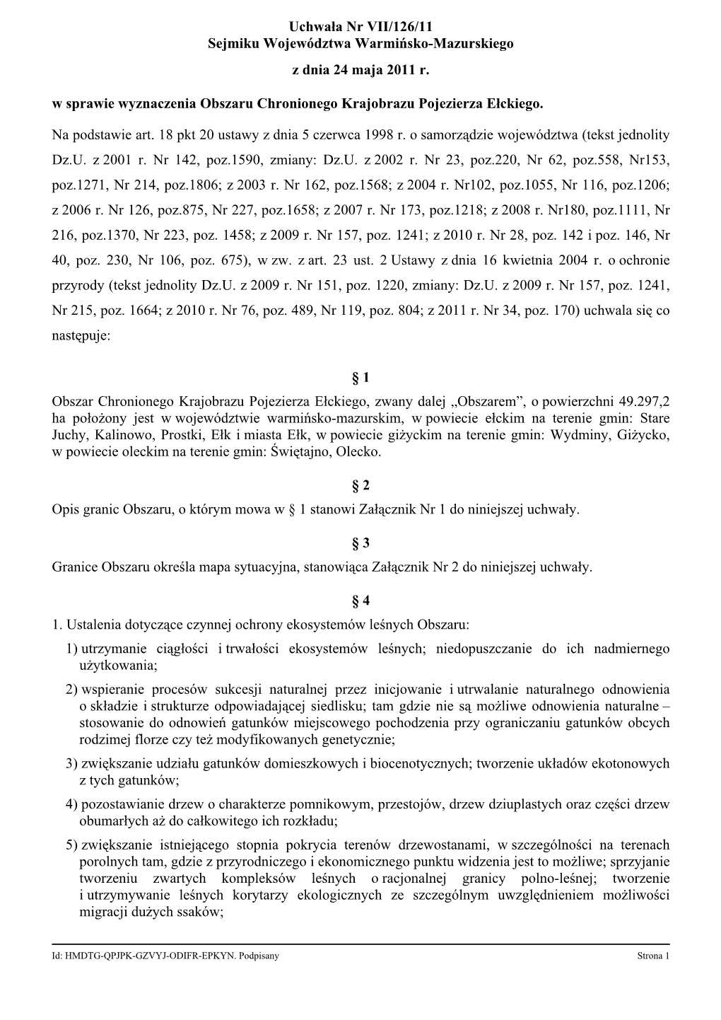 Uchwała Nr VII/126/11 Sejmiku Województwa Warmińsko-Mazurskiego Z Dnia 24 Maja 2011 R