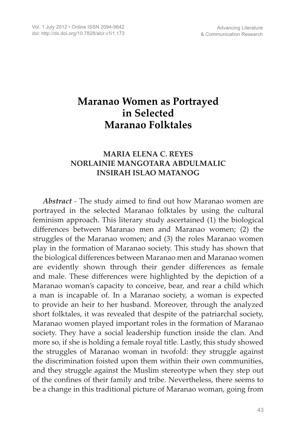 Maranao Women As Portrayed in Selected Maranao Folktales
