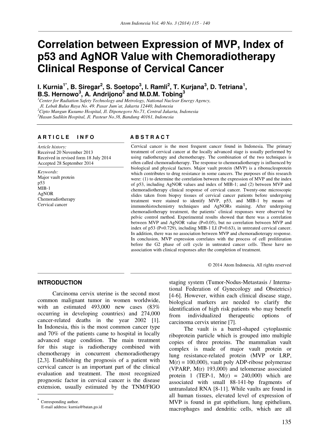 Correlation Between Expression of MVP, Index of P53 and Agnor Value with Chemoradiotherapy Clinical Response of Cervical Cancer