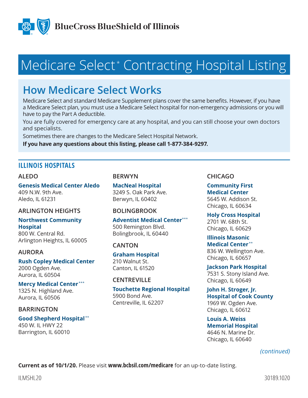 Medicare Select Contracting Hospital Listing