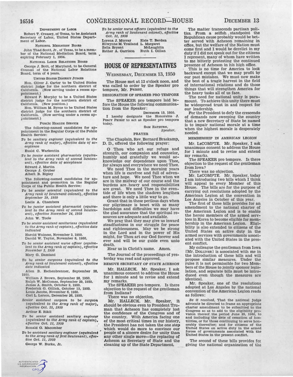 HOUSE of REPRESENTATIVES Presence of Acheson in His High Office