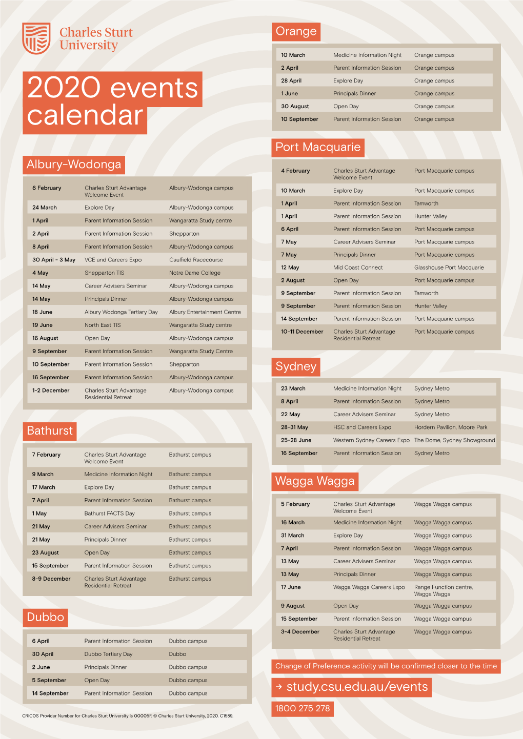 2020 Events Calendar