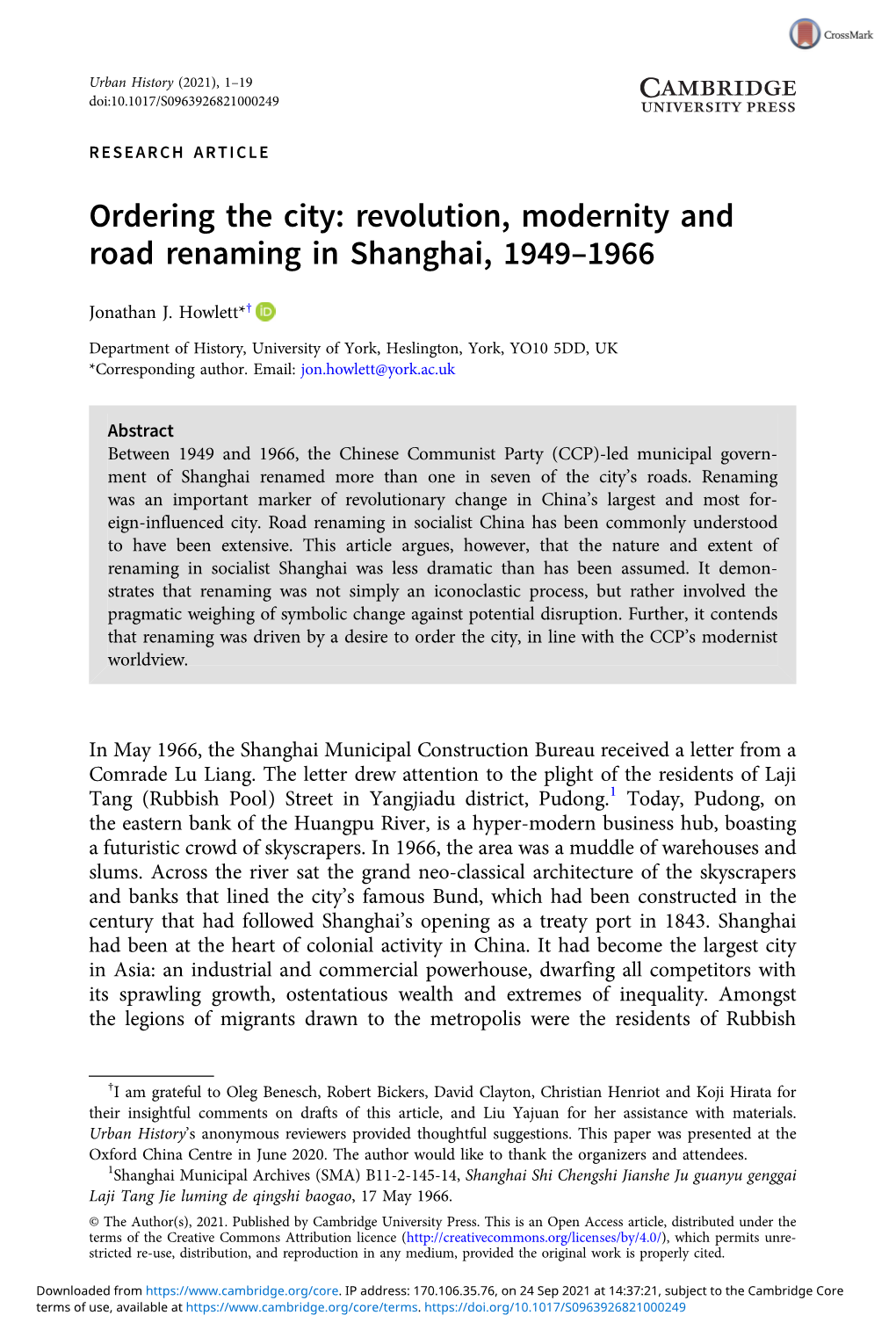 Revolution, Modernity and Road Renaming in Shanghai, 1949–1966