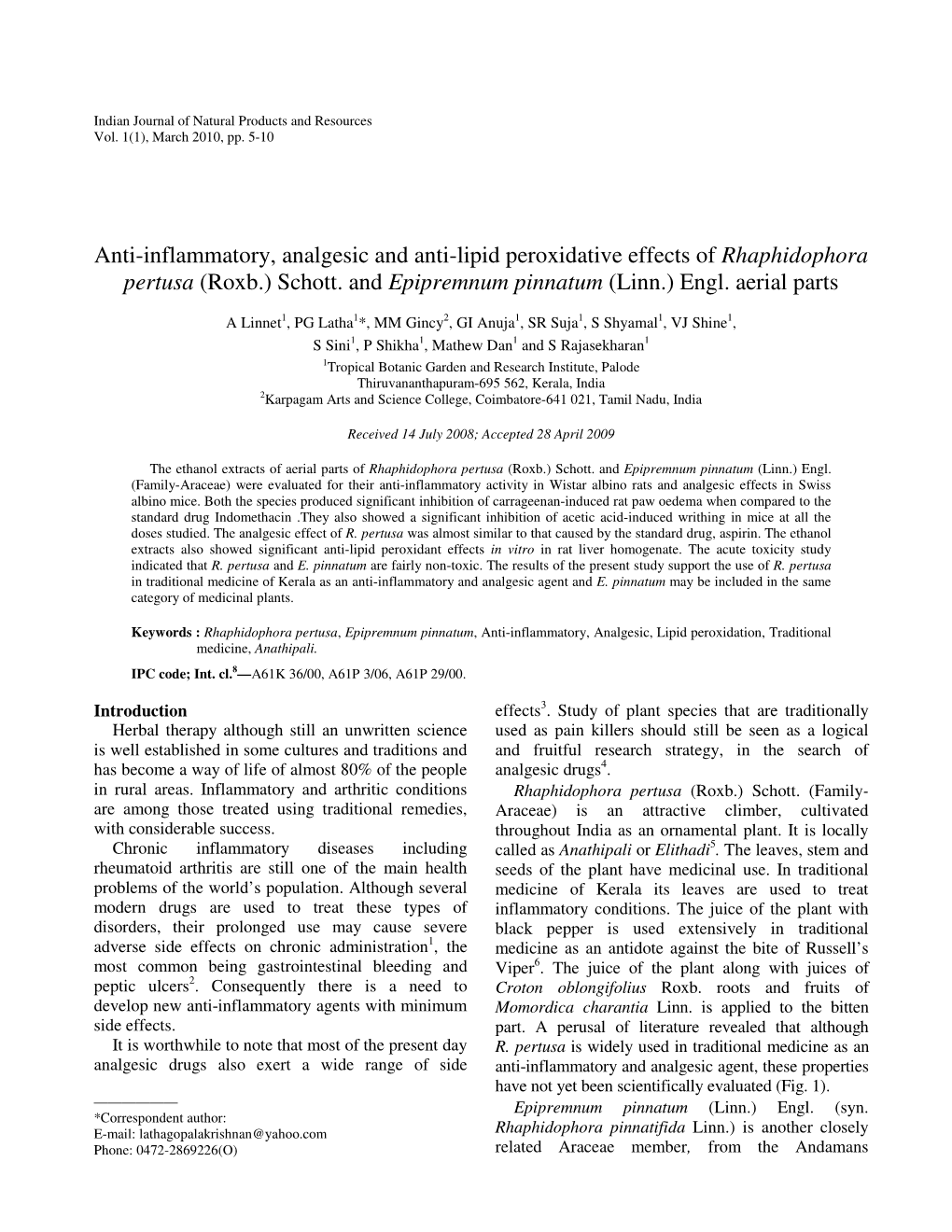 Anti-Inflammatory, Analgesic and Anti-Lipid Peroxidative Effects of Rhaphidophora Pertusa (Roxb.) Schott