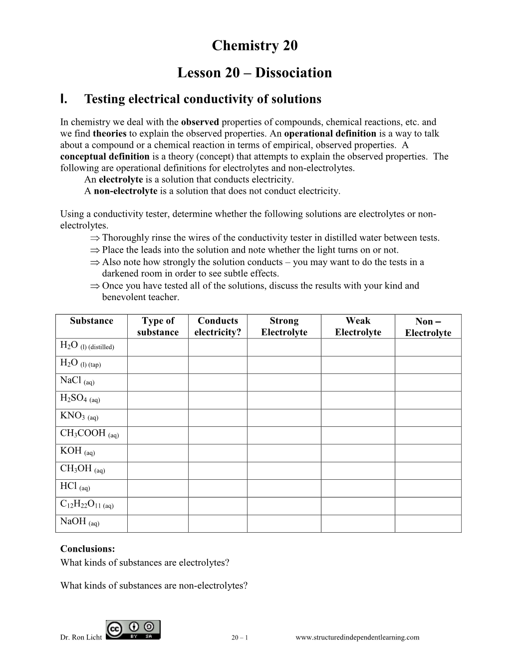 Chemistry 20 Lesson 20 – Dissociation I