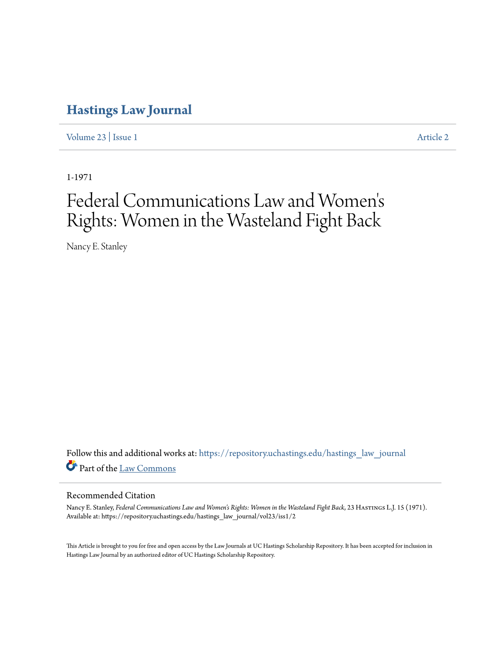 Federal Communications Law and Women's Rights: Women in the Wasteland Fight Back Nancy E