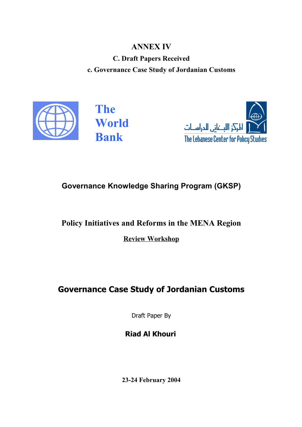 C. Governance Case Study of Jordanian Customs