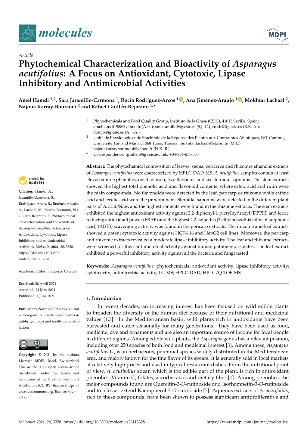 Phytochemical Characterization and Bioactivity of Asparagus Acutifolius: a Focus on Antioxidant, Cytotoxic, Lipase Inhibitory and Antimicrobial Activities