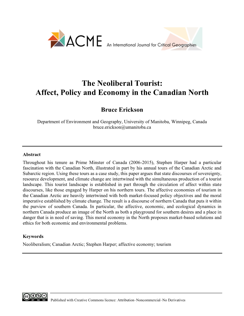 The Neoliberal Tourist: Affect, Policy and Economy in the Canadian North