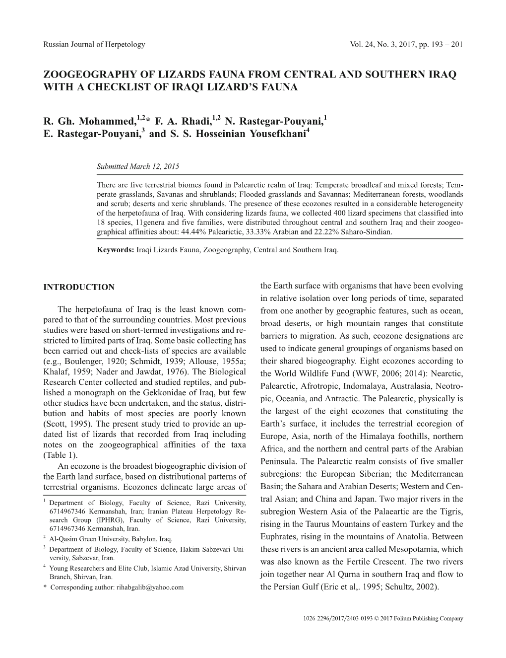 Zoogeography of Lizards Fauna from Central and Southern Iraq with a Checklist of Iraqi Lizard’S Fauna