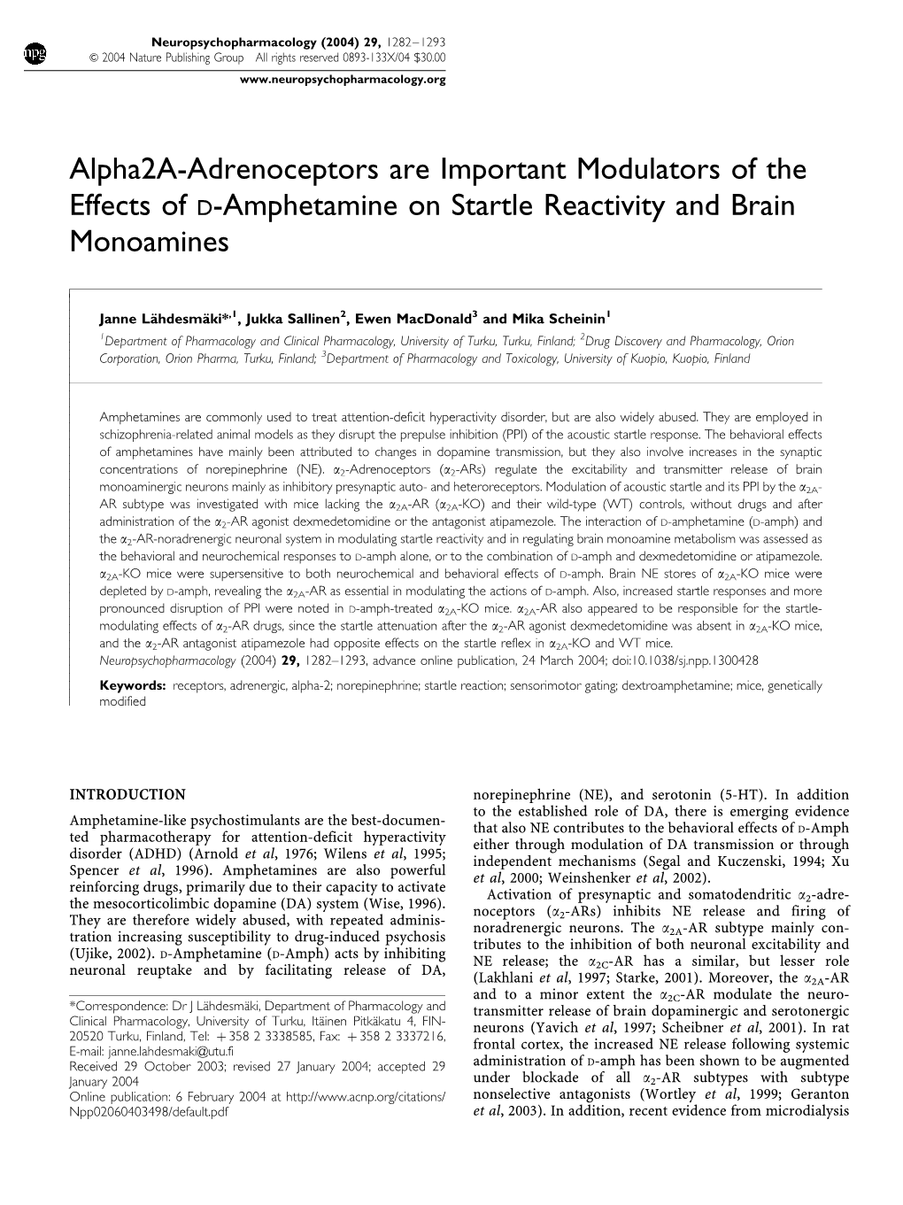 Alpha2a-Adrenoceptors Are Important Modulators of the Effects of D-Amphetamine on Startle Reactivity and Brain Monoamines