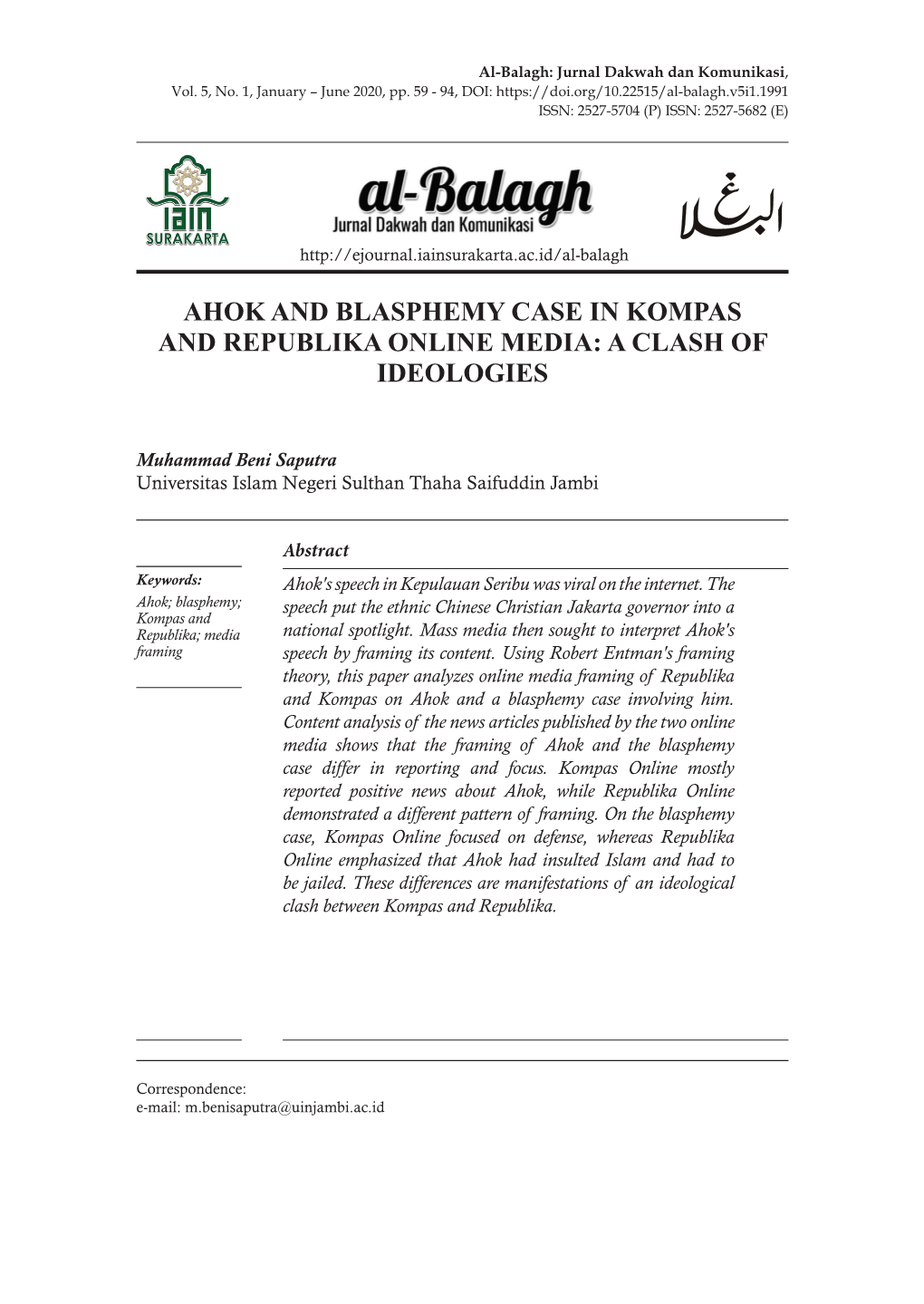 Ahok and Blasphemy Case in Kompas and Republika Online Media: a Clash of Ideologies