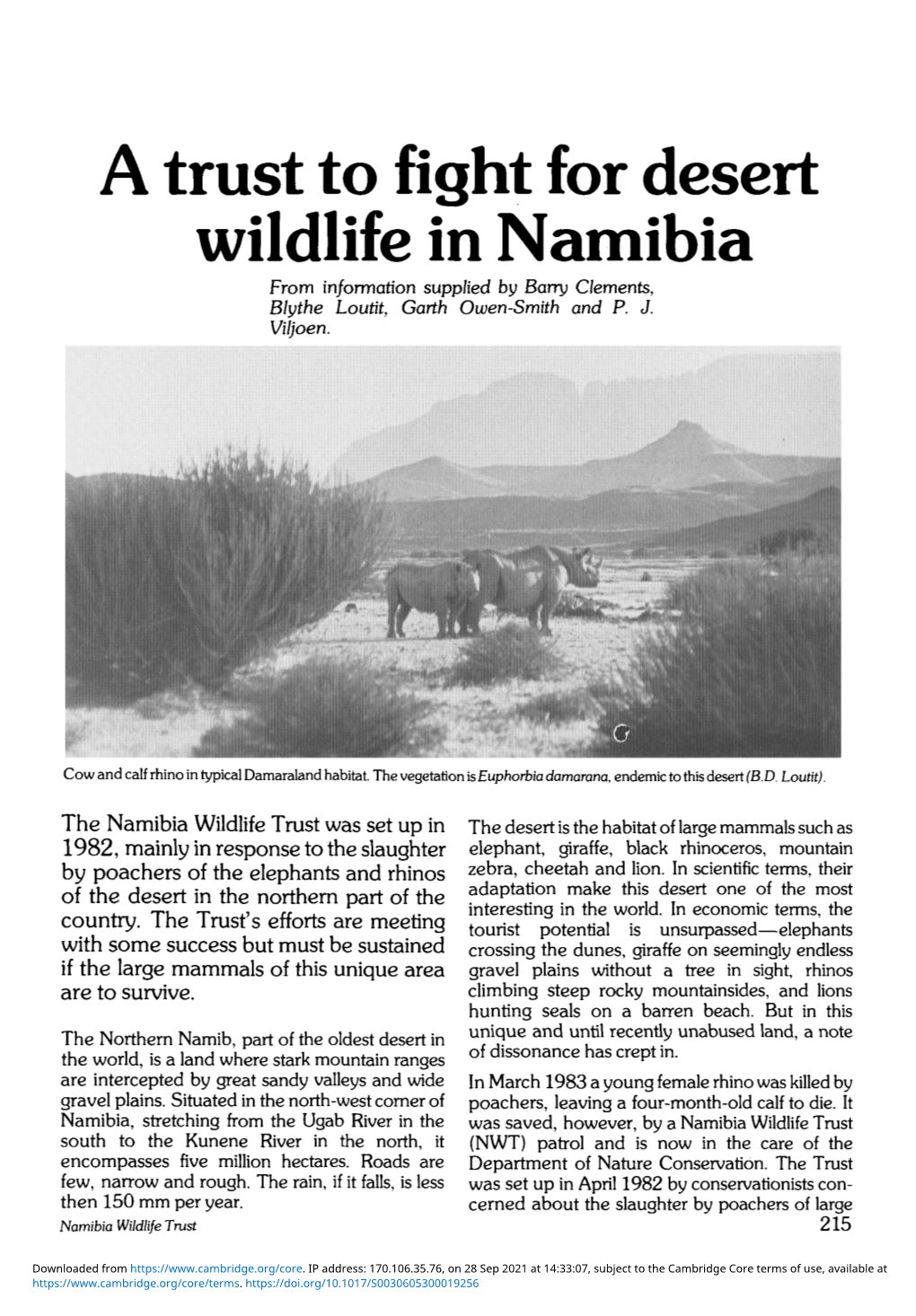 A Trust to Fight for Desert Wildlife in Namibia from Information Supplied by Barry Clements, Blythe Loutit, Garth Owen-Smith and P