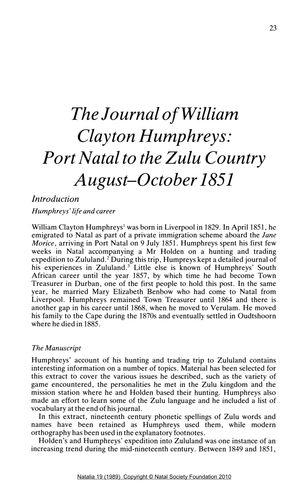 Port Natal to the Zulu Country August-October1851 Introduction Humphreys' Life and Career