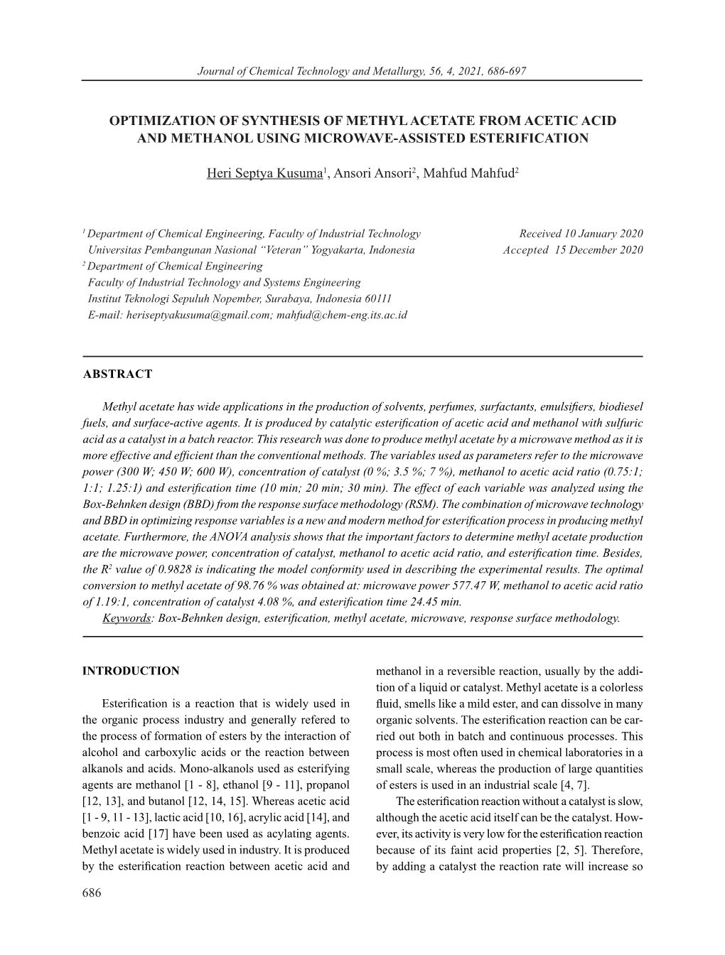 Optimization of Synthesis of Methyl Acetate from Acetic Acid and Methanol Using Microwave-Assisted Esterification