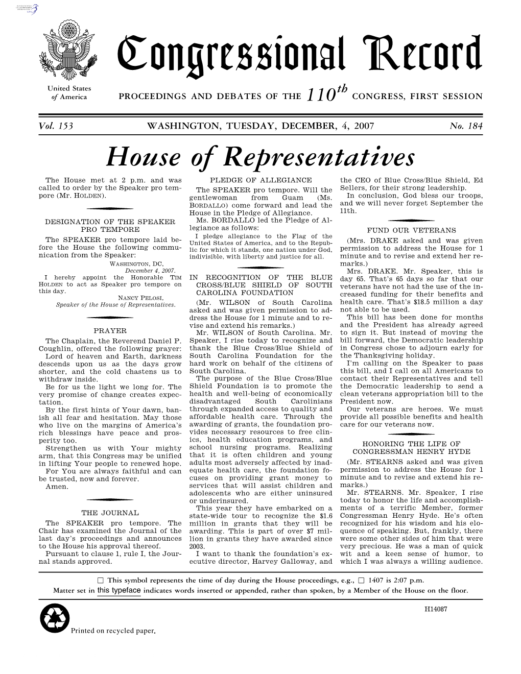 Congressional Record United States Th of America PROCEEDINGS and DEBATES of the 110 CONGRESS, FIRST SESSION